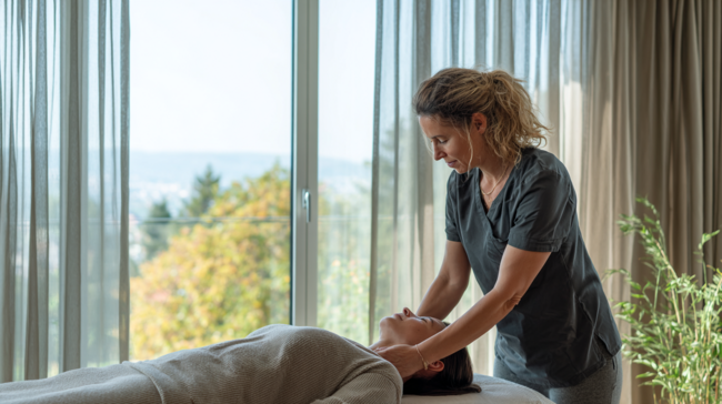 Femme en blouse de soins pratiquant un massage thérapeutique dans un cabinet lumineux avec vue sur la nature